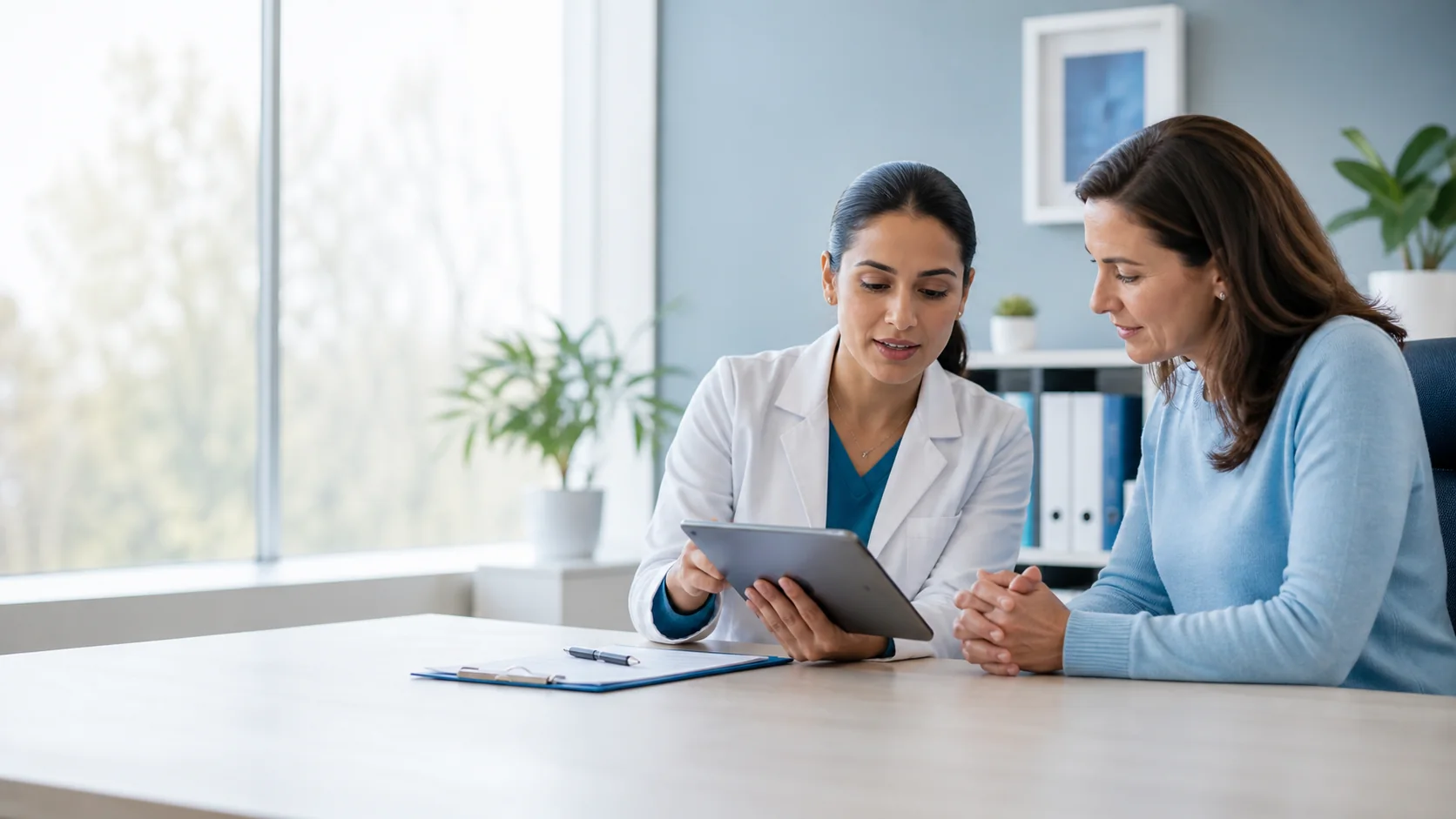 A clinical research coordinator reviewing study information with a patient.